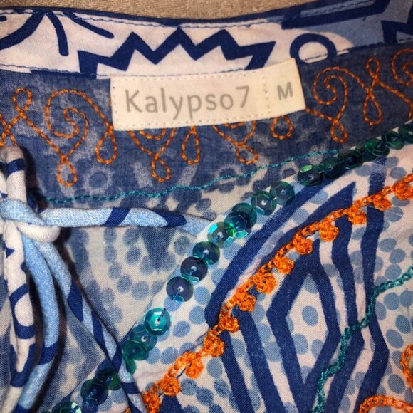 Sz M Kalypso 7 Blue & White Ombre Print Beach Coverup with Orange Embroi… - Picture 17 of 17